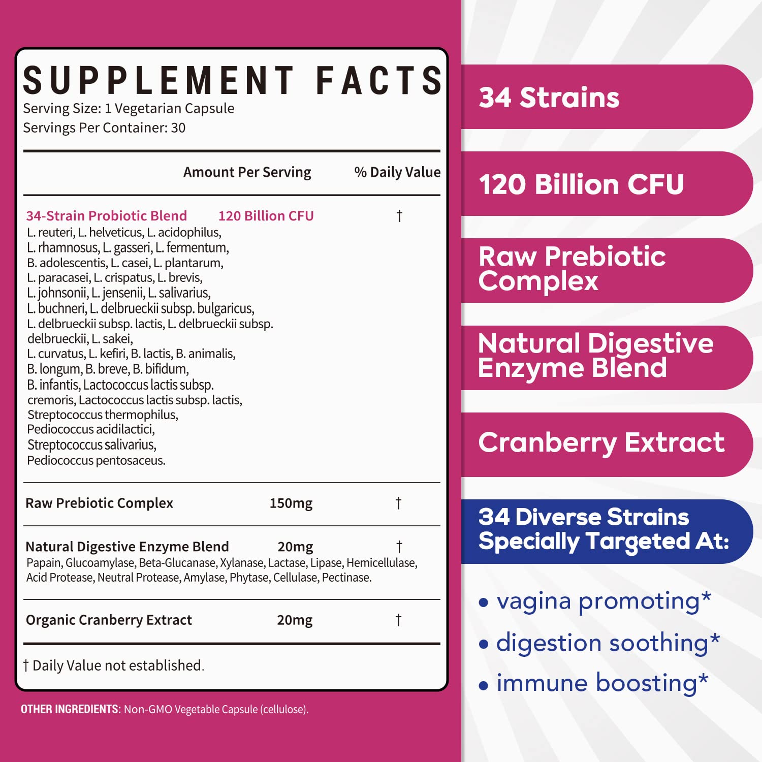 Surebounty Probiotics for Women, 120 Billion CFU 34 Strains, Prebiotics, Digestive Enzymes, Cranberry, 4-in-1 Feminine Probiotic, Digestive, Vaginal, Immune Support, 30ct