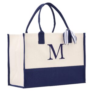 vanessa rosella monogram tote bag with 100% cotton canvas and a chic personalized monogram (navy block letter - m)