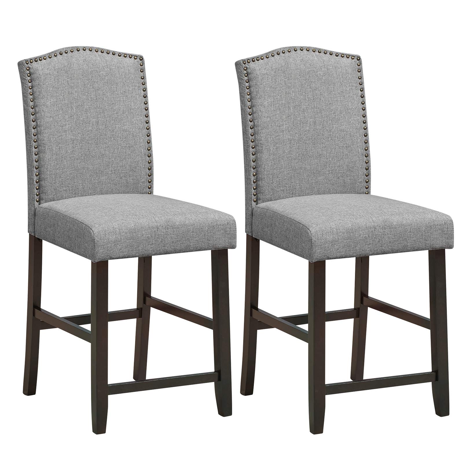 COSTWAY Bar Stools Set of 2, 25'' Upholstered Counter Height Bar Stools with S-Shaped Spring Thick Cushion, Rubber Wood Legs, High Back Leisure Chairs for Living, Kitchen, Dining Room (Grey, 2)