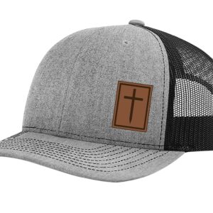 Heritage Pride Men's Christian Cross Worship Prayer God Laser Engraved Leather Patch Mesh Back Trucker Hat, Heather Grey/Black