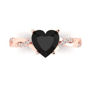 2.19 ct Heart Cut Twisted Solitaire Halo Natural Black Onyx Engagement Promise Anniversary Bridal Ring 18K Rose Gold 7.25