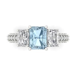 Clara Pucci 4.26 ct Emerald Cut Solitaire 3 stone Blue Simulated Diamond Engagement Promise Anniversary Bridal Ring 18K White Gold 6.75