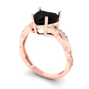 2.19 ct Heart Cut Twisted Solitaire Halo Natural Black Onyx Engagement Promise Anniversary Bridal Ring 18K Rose Gold 7.25