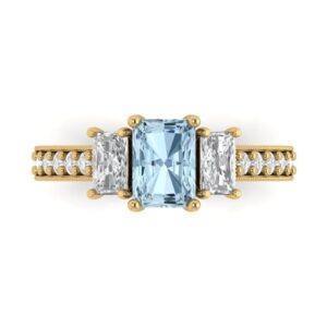 Clara Pucci 1.82 ct Emerald Cut Solitaire 3 stone Blue Simulated Diamond Engagement Promise Anniversary Bridal Ring 18K Yellow Gold 6.5