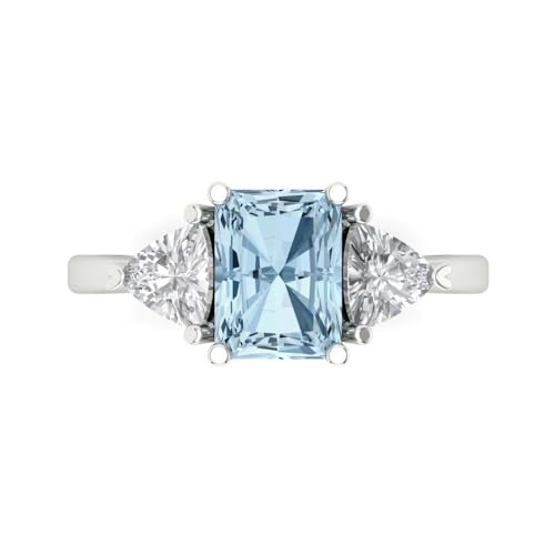 3.0ct Emerald cut 3 stone Solitaire Blue Simulated Diamond Engagement Promise Anniversary Bridal Ring 18K White Gold 4.75