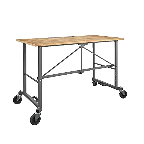 CoscoProducts 66760DKG1E Smartfold Portable Folding, Hardwood Top (400 Pound Weight Capacity, Dark Gray) Workbench Desk, Work, Heath Pine