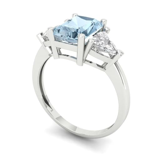 3.0ct Emerald cut 3 stone Solitaire Blue Simulated Diamond Engagement Promise Anniversary Bridal Ring 18K White Gold 4.75