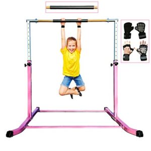 Gymnastic Kip Bar Horizontal Bar Expandable Height for Kids Junior Gymnastics 4'x6' Mat- Adjustable 3 to 5 FT - Gymnastic Bar with Cushioned Bar Pad for Fiberglass Rail with Curved Legs, Gloves (Pink)