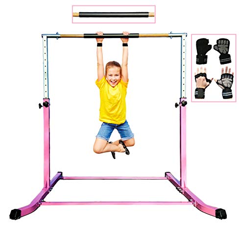 Gymnastic Kip Bar Horizontal Bar Expandable Height for Kids Junior Gymnastics 4'x6' Mat- Adjustable 3 to 5 FT - Gymnastic Bar with Cushioned Bar Pad for Fiberglass Rail with Curved Legs, Gloves (Pink)