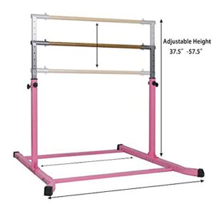 Gymnastic Kip Bar Horizontal Bar Expandable Height for Kids Junior Gymnastics 4'x6' Mat- Adjustable 3 to 5 FT - Gymnastic Bar with Cushioned Bar Pad for Fiberglass Rail with Curved Legs, Gloves (Pink)