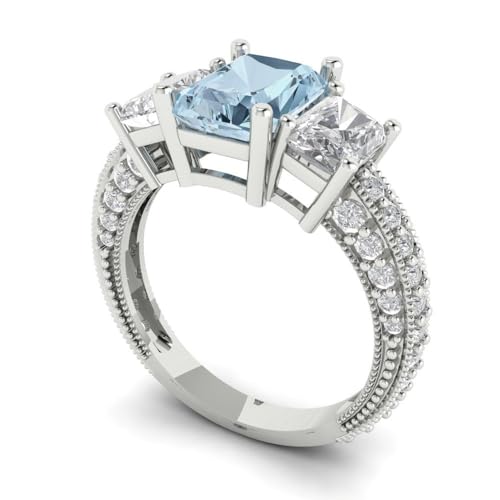 Clara Pucci 4.26 ct Emerald Cut Solitaire 3 stone Blue Simulated Diamond Engagement Promise Anniversary Bridal Ring 18K White Gold 6.75