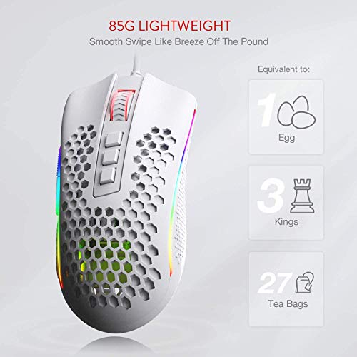 Redragon M808 Storm Lightweight RGB Gaming Mouse, 85g Ultralight Shell - 12,400 DPI Optical Sensor - 7 Programmable Buttons - Precise Registration - Super-Lite Cable - White