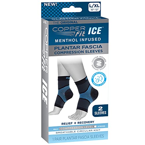 Copper Fit ICE Plantar Fascia Compression Foot and Ankle Sleeve Infused with Menthol, Large/X-Large, 1 Pair