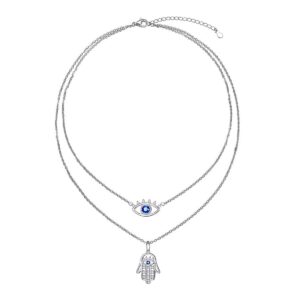 jzmsjf 925 sterling silver fashion layered evil eye hamsa hand charm blue white cz pendant necklace