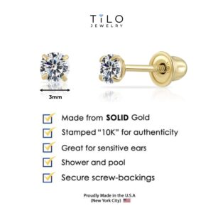 10k Yellow Gold Solitaire Round Cubic Zirconia Stud Earrings in Secure Screw-backs (3mm)………