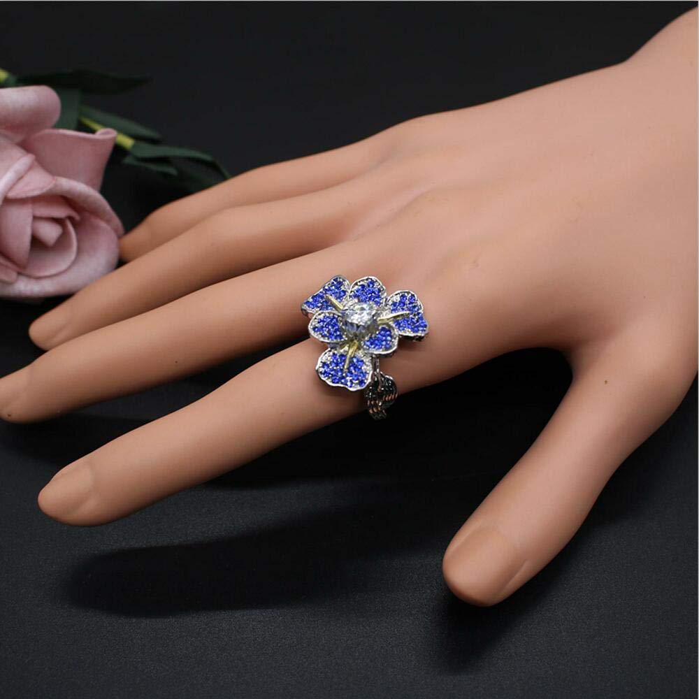 HSQYJ Fashion Crystal Flower Ring Elegant Rhinestone Cocktail Statement Rings Uniquely Stylish Fashion Creative Engagement Jewelry for Women Silver Plated