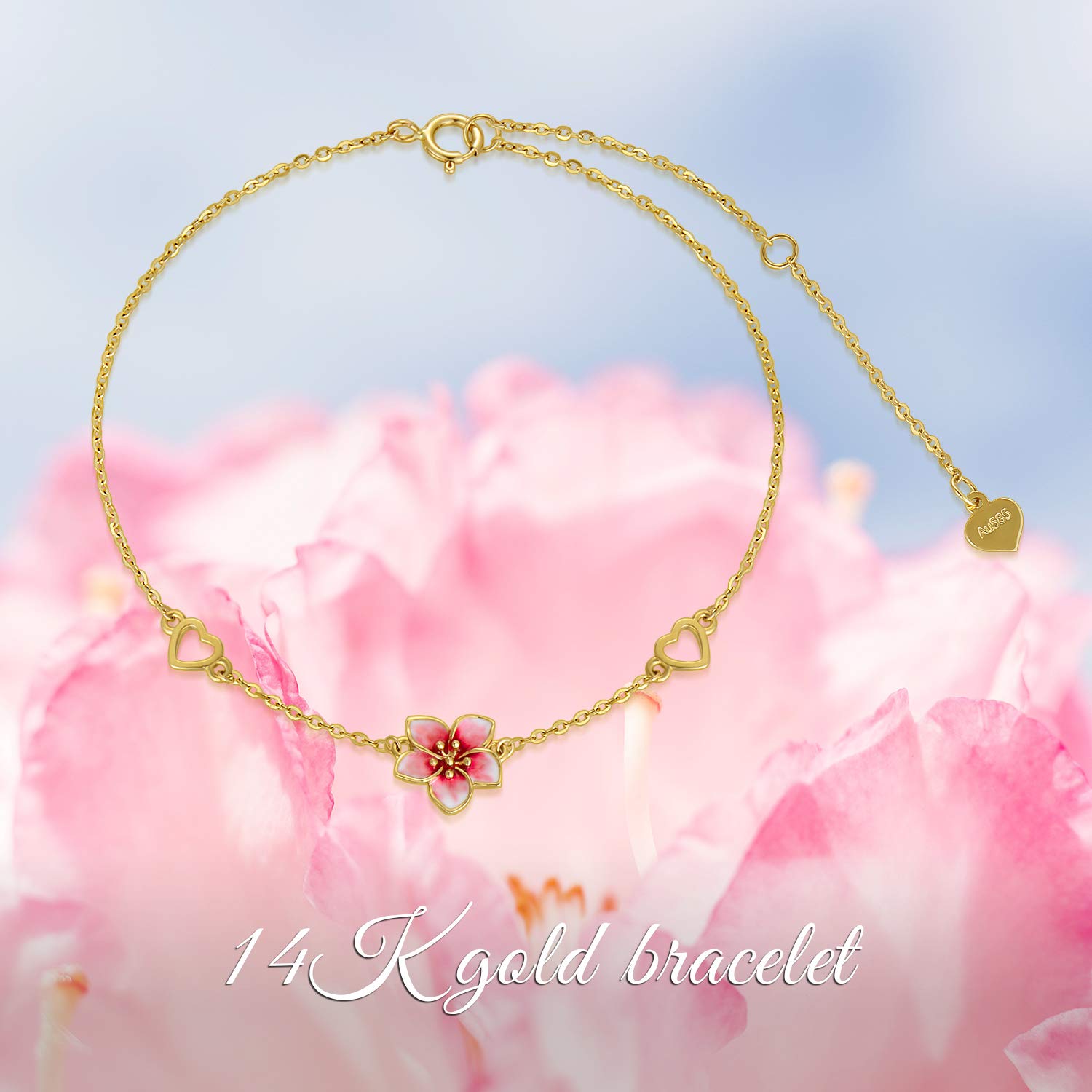 14K Solid Gold Cherry Blossoms Bracelet for Women,Yellow Gold Exquisite Heart Flower Anklet Bracelets,Anniversary Birthday Jewelry Gifts for Wife Mom 6.5''+1''+1''