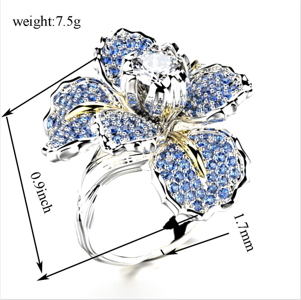 HSQYJ Fashion Crystal Flower Ring Elegant Rhinestone Cocktail Statement Rings Uniquely Stylish Fashion Creative Engagement Jewelry for Women Silver Plated