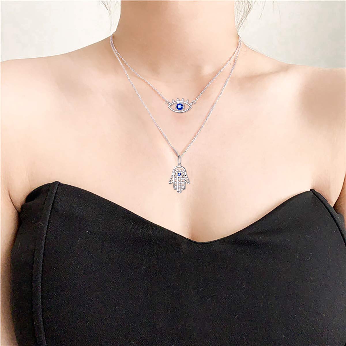 JZMSJF 925 Sterling Silver Fashion Layered Evil Eye Hamsa Hand Charm Blue White CZ Pendant Necklace