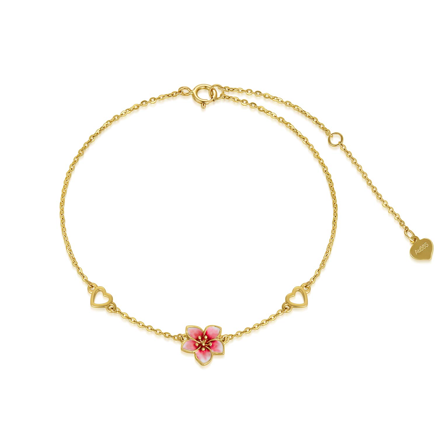 14K Solid Gold Cherry Blossoms Bracelet for Women,Yellow Gold Exquisite Heart Flower Anklet Bracelets,Anniversary Birthday Jewelry Gifts for Wife Mom 6.5''+1''+1''