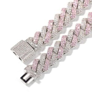 ICEDIAMOND 13mm Color Mixed Iced Out Miami Cuban Chain Necklace, Prong Setting Full Pink Clear CZ Diamond Hip Hop Choker Chain, Gold Plated Fashion Jewelry for Unisex (16'')