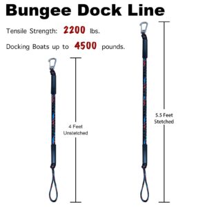 4 Feet Bungee Boat Dock Line Mooring Rope with Stainless Steel Clip Accessories Boat Docking Ropes for Boats PWC, Built in Snubber,Kayak, Watercraft,SeaDoo,Jet Ski, Pontoon,Canoe,Power Boat 2-Pack