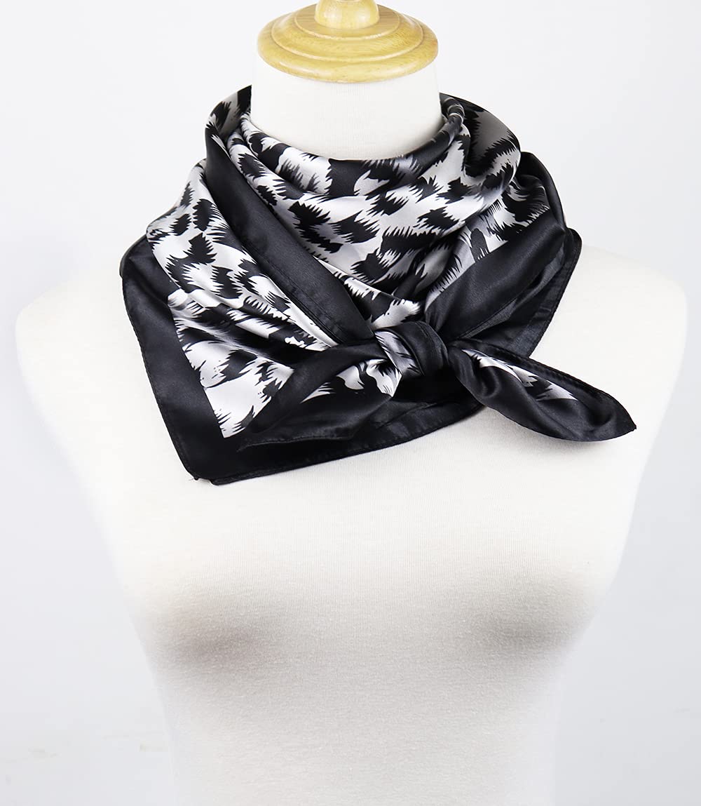 vabovin 35" Large Square Satin Headscarf Silk Likef Scarf Fashion Neckerchief Women's Hair Sleeping Wraps (Silver Black Leopard)