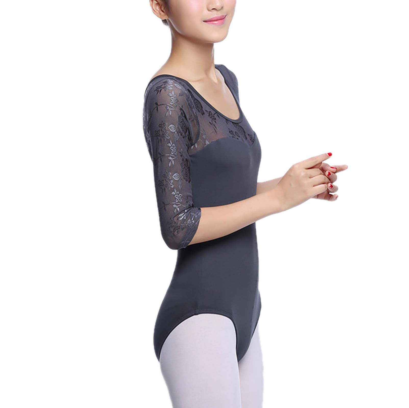 Whitewed 3/4 Sleeve Lace Leotard Women Adult Dancewear Stretch Stage Performance Bodysuit