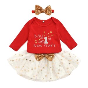 gliglittr my first new year's outfit newborn baby girl clothes long sleeve romper top+tutu skirt+headband 3pcs skirt set(red, 18 months)