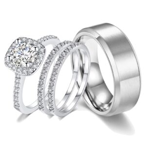 18k white gold plated wedding ring sets for him and her women men titanium stainless steel bands 2ct cz couple rings size 11&7