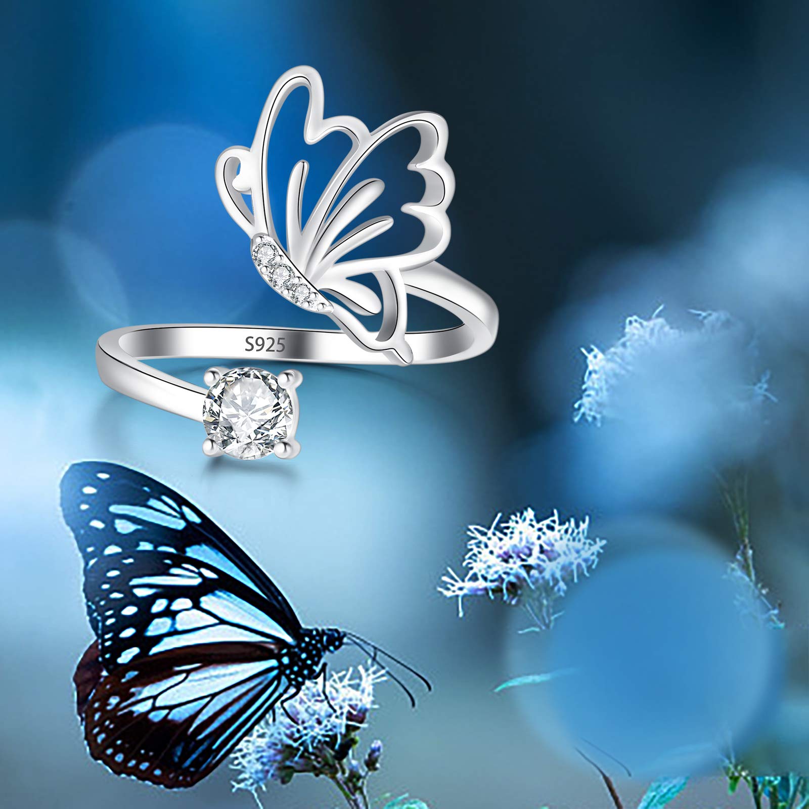 BEILIN 925 Sterling Silver Ring Dainty Butterfly Ring Expandable Open Cuff Ring Adjustable Animal Promise Ring for her