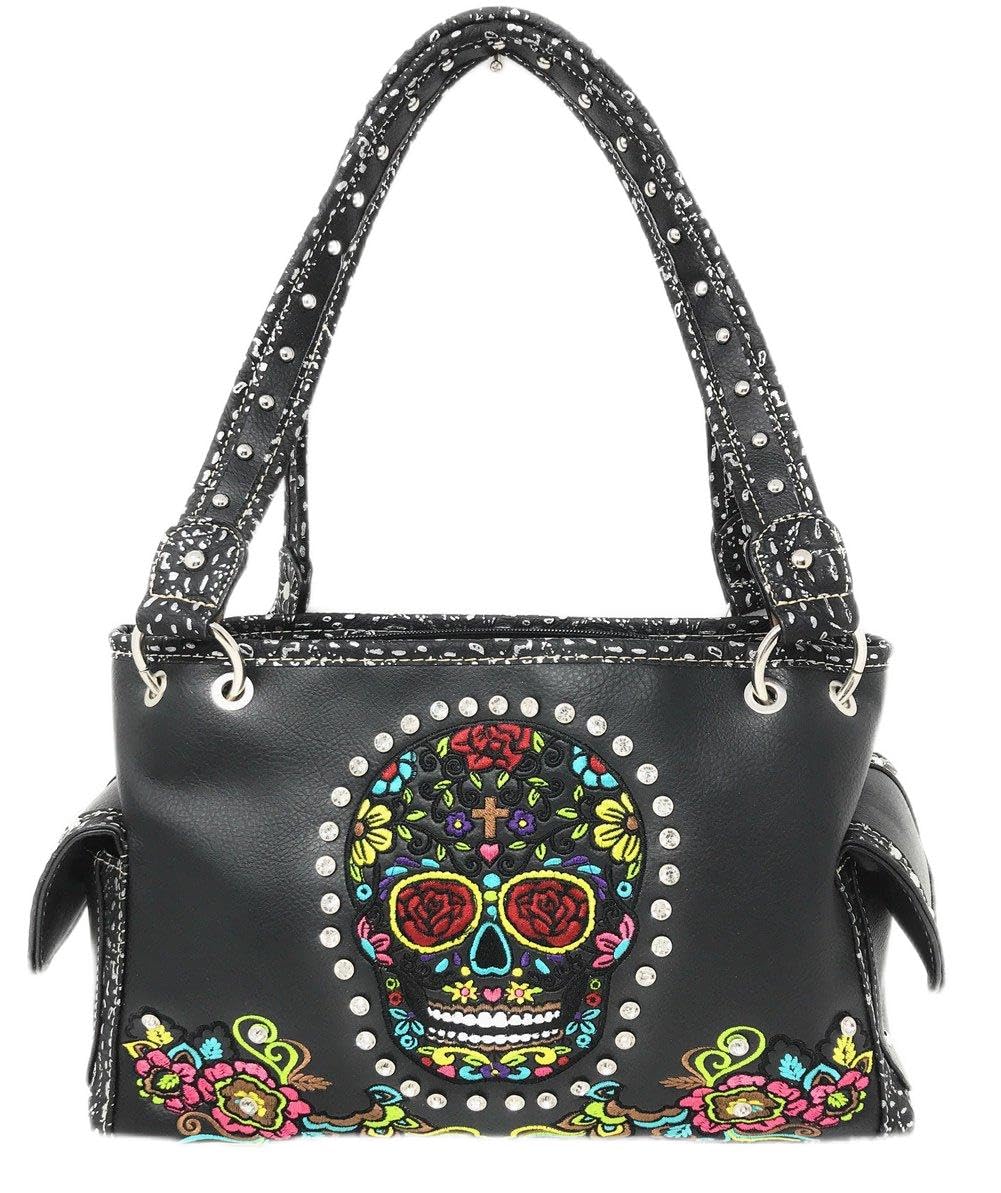 Texas West Women's Embroidered Flora Sugar Skull Purse Handbag and Clutch Wallet set in 4 colors (Black Handbag only)