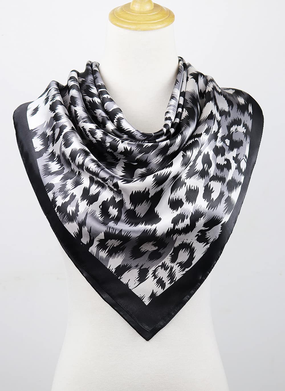 vabovin 35" Large Square Satin Headscarf Silk Likef Scarf Fashion Neckerchief Women's Hair Sleeping Wraps (Silver Black Leopard)