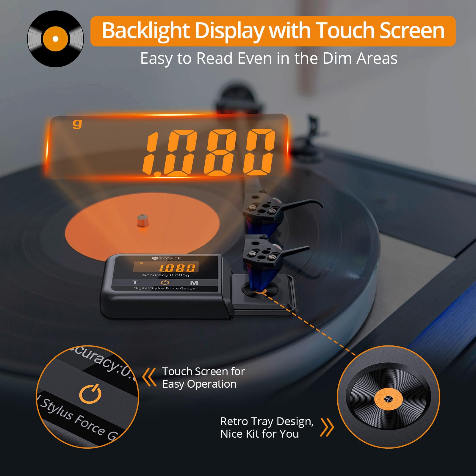 Neoteck 0.005g/100g Professional Turntable Stylus Force Gauge Scale with Touch Screen and Backlight LCD for Tonearm Phono Cartridge, Nonmagnetic and High Precision