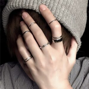 Chmier Gothic Knuckle Ring Set 7 Pcs Half Open Finger Ring Silver Punk Stackable Rings for Women or Men