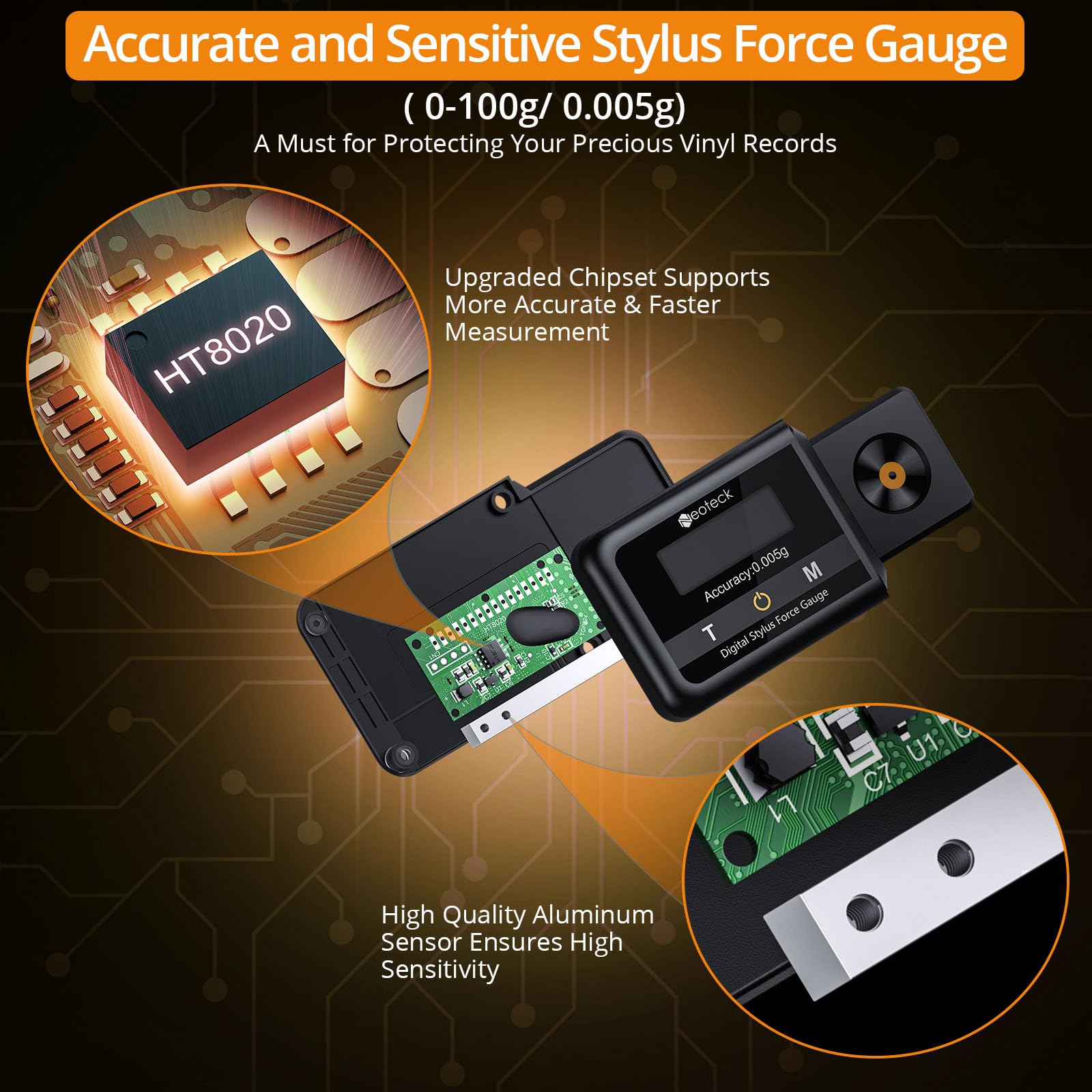 Neoteck 0.005g/100g Professional Turntable Stylus Force Gauge Scale with Touch Screen and Backlight LCD for Tonearm Phono Cartridge, Nonmagnetic and High Precision