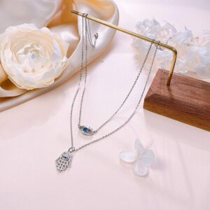 JZMSJF 925 Sterling Silver Fashion Layered Evil Eye Hamsa Hand Charm Blue White CZ Pendant Necklace