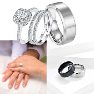 18k White Gold Plated Wedding Ring Sets for Him and Her Women Men Titanium Stainless Steel Bands 2Ct Cz Couple Rings Size 9&7