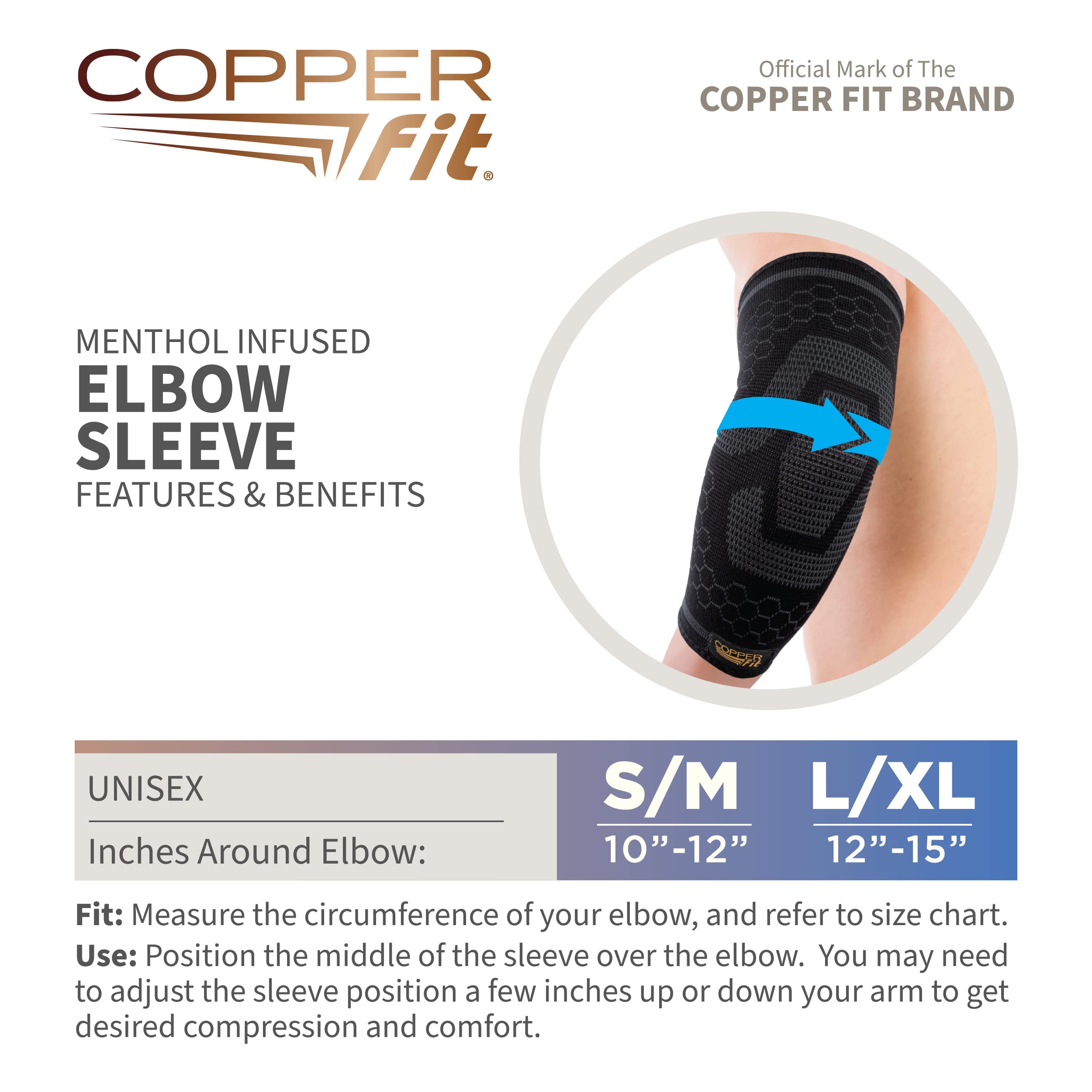 Copper Fit Womens ICE Elbow Compression Sleeve Infused Menthol, Black, Large/X-Large