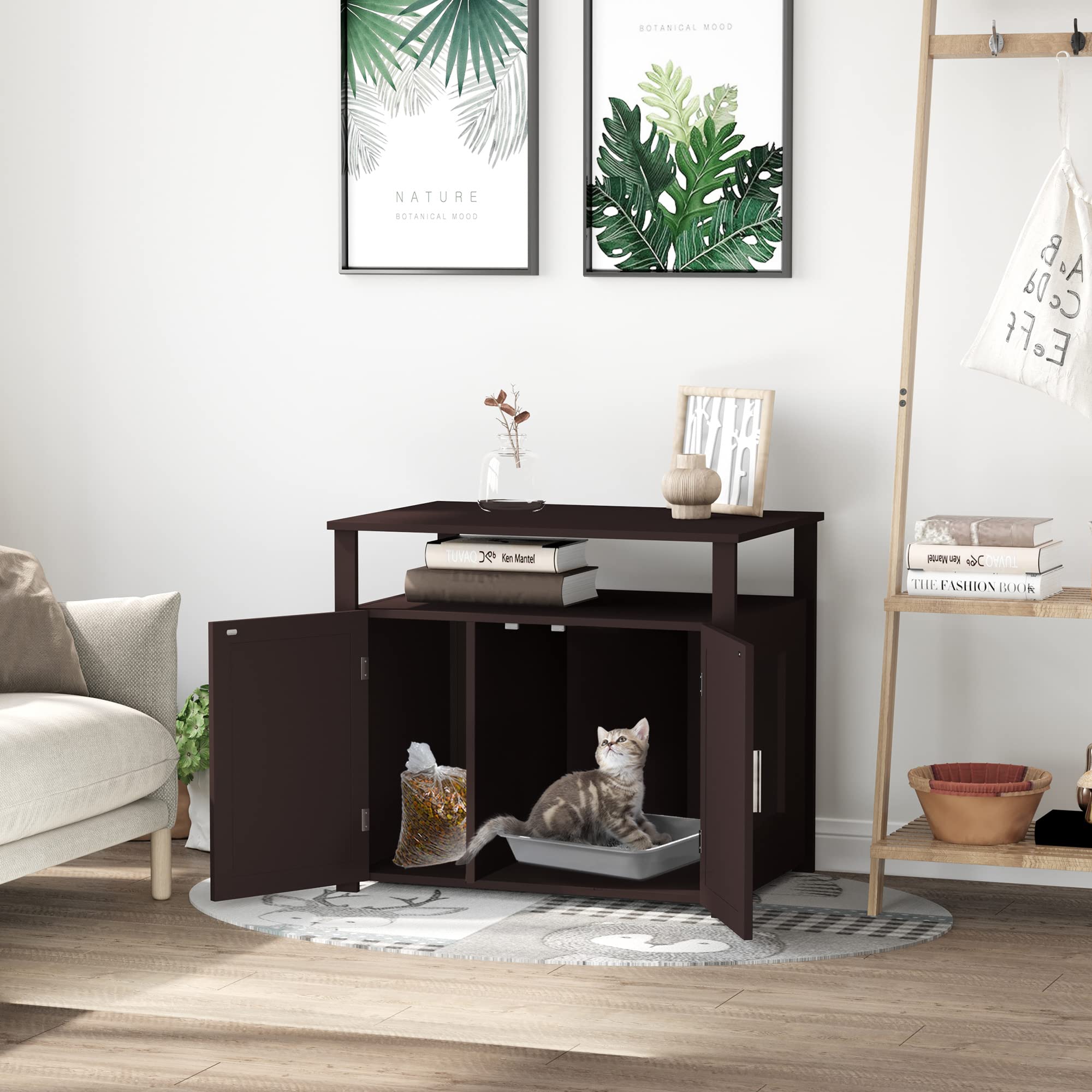 PawHut Wooden Cat Litter Box Enclosure Furniture with Adjustable Partition, Cat Washroom End Table with Open Shelf, Brown