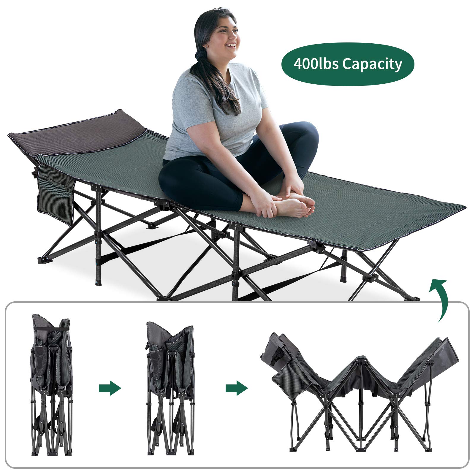 Camabel Folding Camping Cots for Adults Heavy Duty 79”x31” Extra Wide Potable Sleeping Cots for Adults Supports 400 LBS Cot Bed for Backpacking Travel Beach Office with Side Pocket and Carry Bag Green