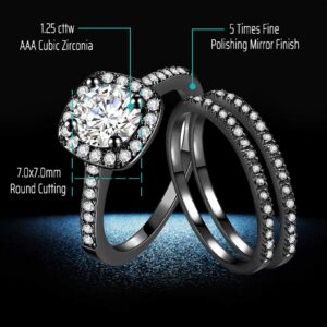 Ahloe Jewelry CEJUG 2Ct 18k Black Gold Wedding Ring Sets for Women and Men Hers His Titanium Bands Stainless Steel Couple Rings Cz Size 10&7