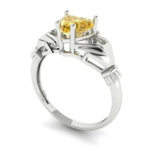 1.55ct Heart Cut Irish Celtic Claddagh Natural Yellow Citrine Engagement Promise Anniversary Bridal Ring 18K White Gold 5.25