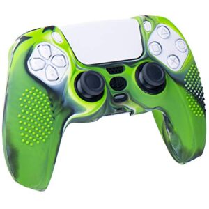 9CDeer 1 Piece of Silicone Studded Dots Protective Sleeve Case Cover Skin + 6 Thumb Grips Analog Caps for PS5 Controller, Camouflage Green