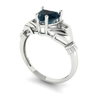 Clara Pucci 1.65 Heart Cut Irish Celtic Claddagh Solitaire Natural London Blue Topaz Wedding Statement Bridal ring 18K White Gold 6.5