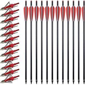 VKEDA 20 Inch Carbon Crossbow Bolts 12 Pack and 12 Pack Hunting Broadheads kit, Carbon Crossbow Arrows for Hunting and Outdoor Practice (Red)