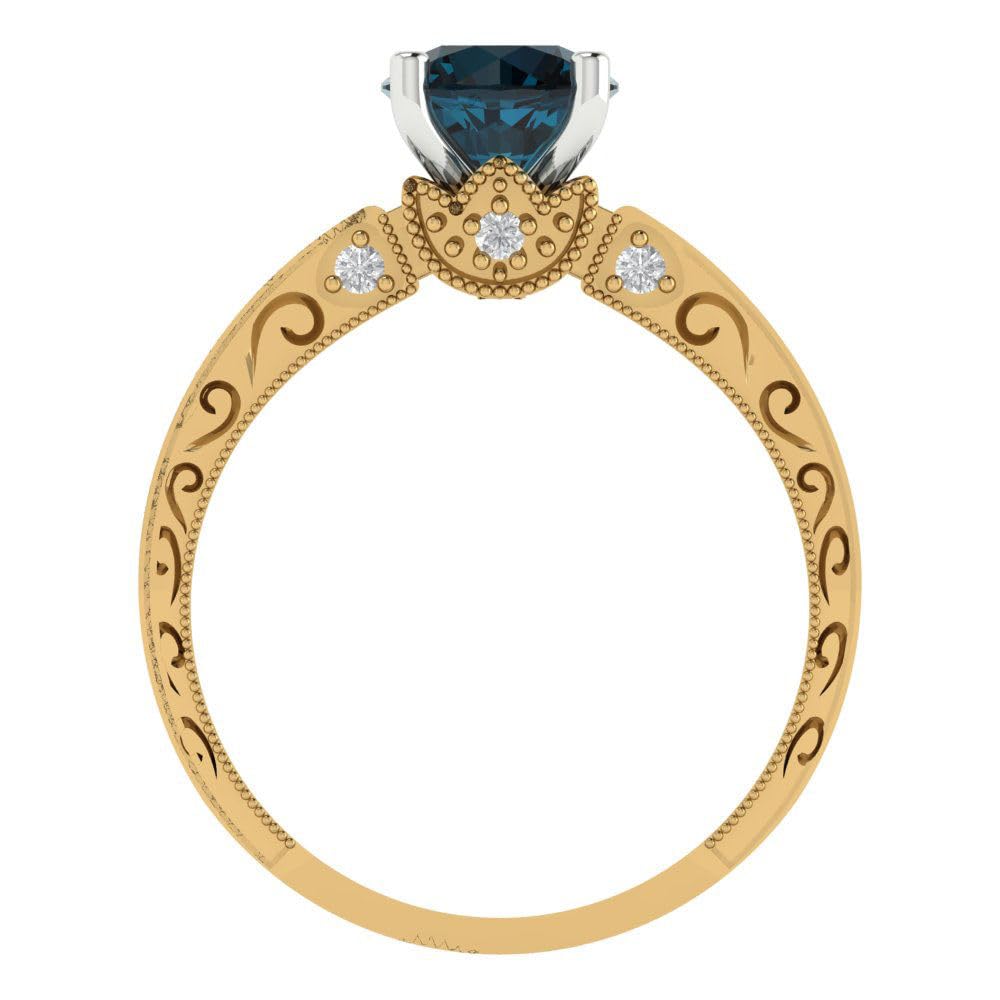 Clara Pucci 1.8 ct Round Cut Solitaire Natural London Blue Topaz Accent Art Deco Bridal Wedding Statement ring 18K 2 tone Gold Size 7