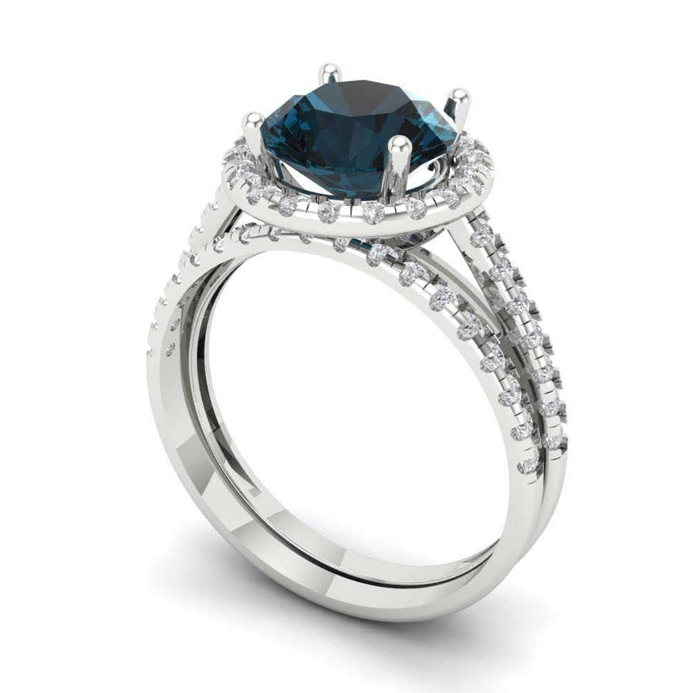 Clara Pucci 2.82ct Round Cut Halo Solitaire Real London Blue Topaz Designer Art Deco Statement Wedding Ring Band Set 18K White Gold 6.5