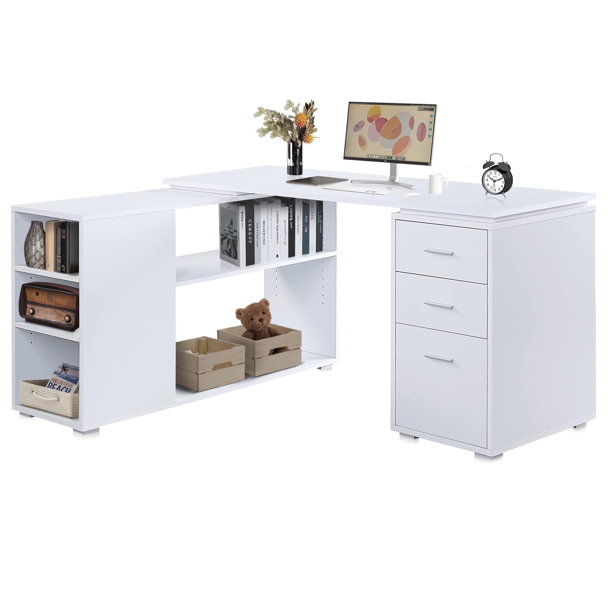 BELLEZE L Shaped Computer Desk, 60” Study Writing Table Home Office Desk Morden Corner Workstation Setup with Adjustable Storage Shelves and 3 Drawers, White