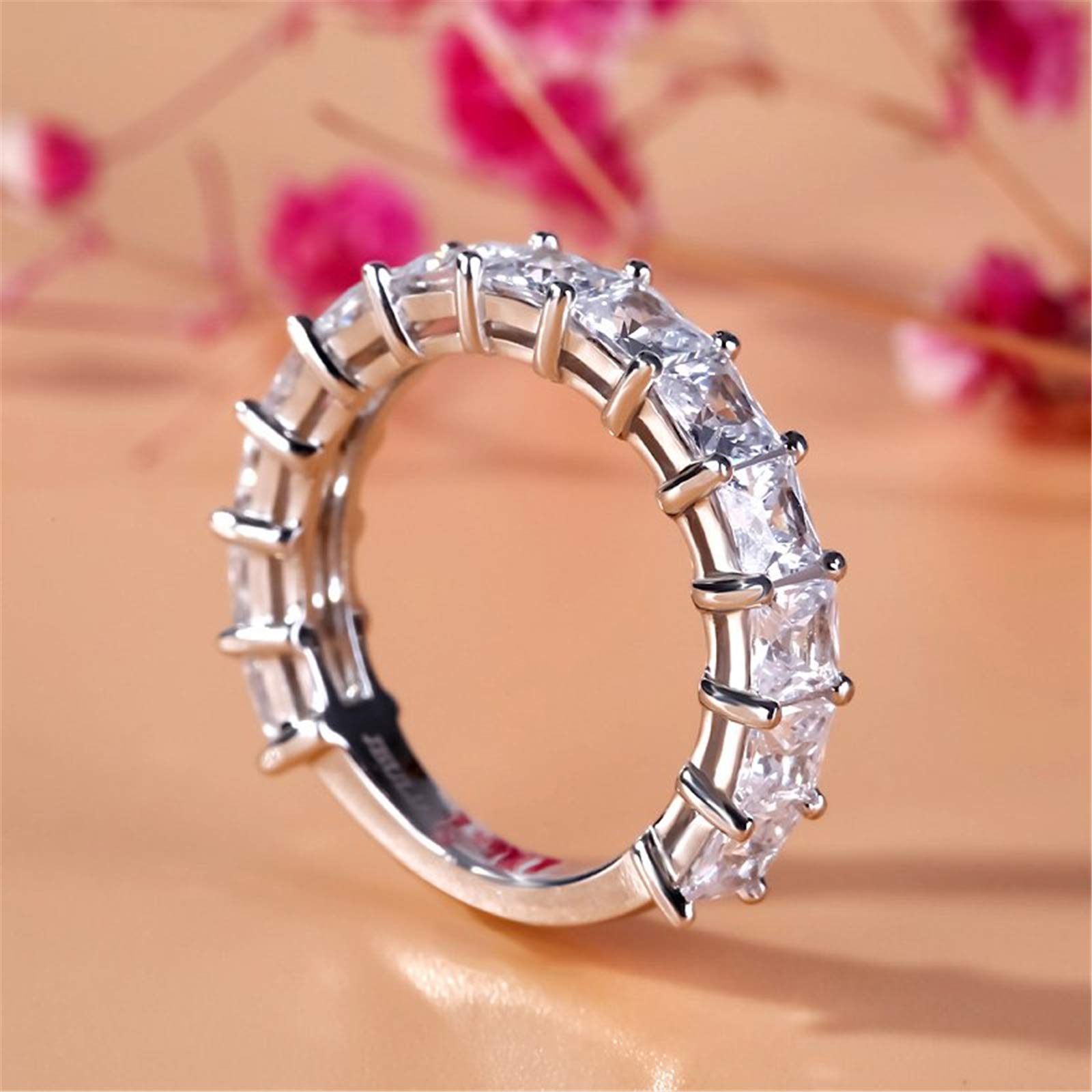 Jeulia Bar Setting Princess Cut Sterling Silver Women's Band Engagement Anniversary Eternity Promise Wedding Band Ring Christmas Gift With Jewelry Box (Silver, 5.5)